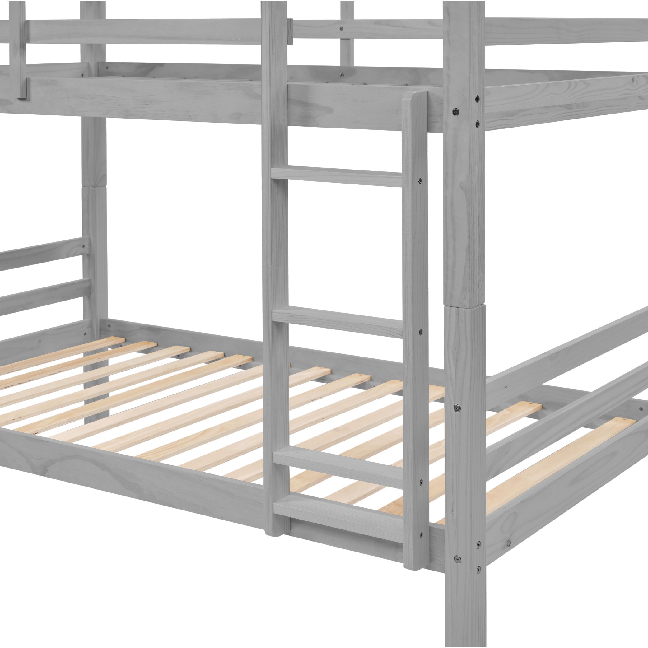 Twin Over Twin Bunk Bed With Thick Posts,Wooden Bunk Bed With High Guardrail And Ladder For Kids, Teens, Dorm Rooms, And Guest Rooms,No Box Spring Needed,Grey_voghion.com